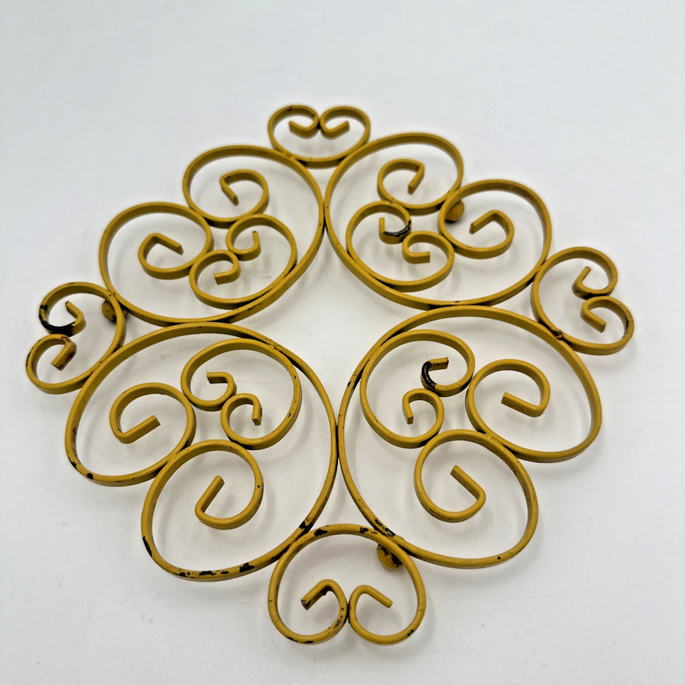 Vintage Metal Trivet Retro Harvest Gold Swirly Scroll Shaped